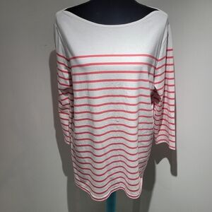Time and Tru Women's Striped Boat Neck Stretch Cotton T-Shirt XL Pink White
